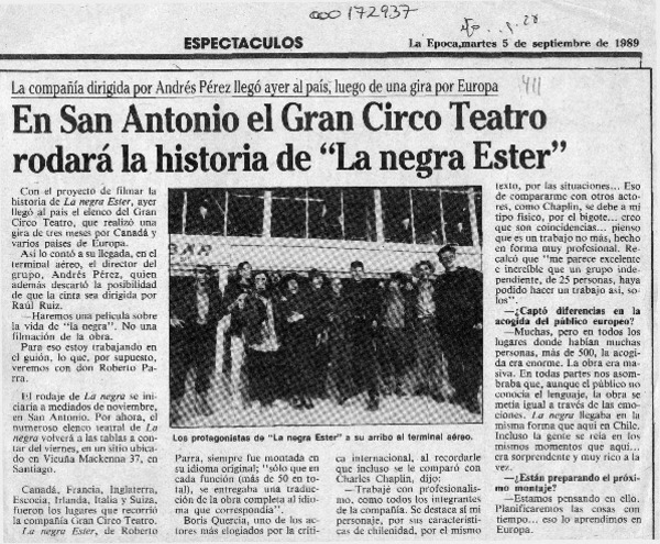 En San Antonio el gran circo teatro rodará la historia de "La negra Ester"  [artículo].