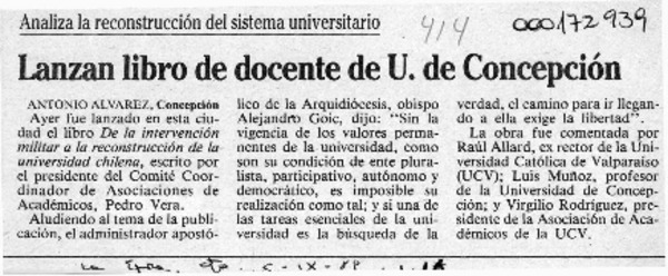 Lanzan libro de docente de U. de Concepción  [artículo] Antonio Alvarez.