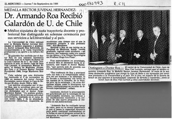 Dr. Armando Roa recibió galardón de U. de Chile  [artículo].