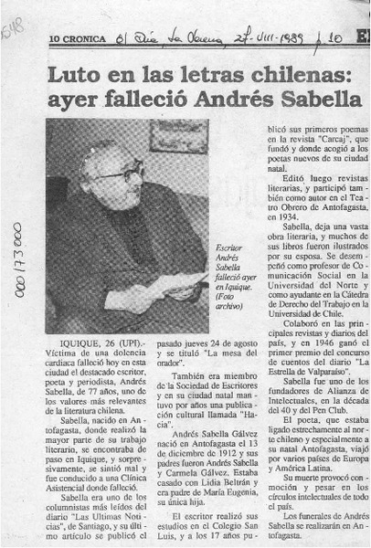 Luto en las letras chilenas, ayer falleció Andrés Sabella  [artículo].