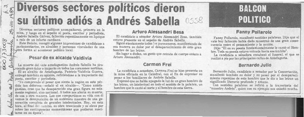 Diversos sectores políticos dieron su último adiós a Andrés Sabella  [artículo].
