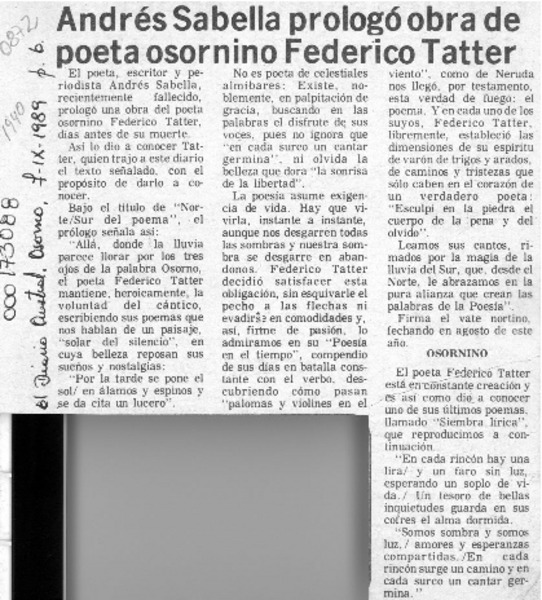Andrés Sabella prologó obra de poeta osornino Federico Tatter  [artículo].
