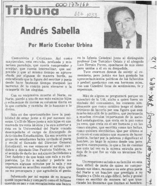 Andrés Sabella  [artículo] Mario Escobar Urbina.