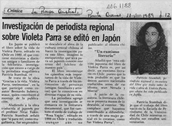 Investigación de periodista regional sobre Violeta Parra se editó en Japón