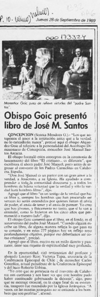 Obispo Goic presentó libro de José M. Santos  [artículo] Sonnia Mendoza G.