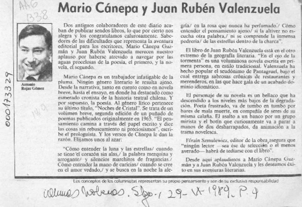 Mario Cánepa y Juan Rubén Valenzuela  [artículo] Antonio Rojas Gómez.
