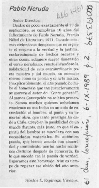 Pablo Neruda  [artículo] Héctor E. Espinoza Viveros.