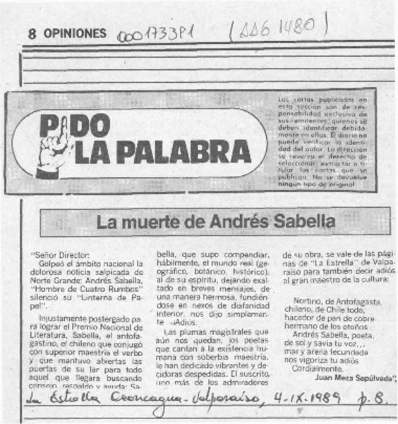 La muerte de Andrés Sabella  [artículo] Juan Meza Sepúlveda.