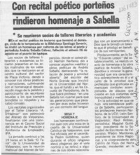 Con recital poético porteños rindieron homenaje a Sabella  [artículo].