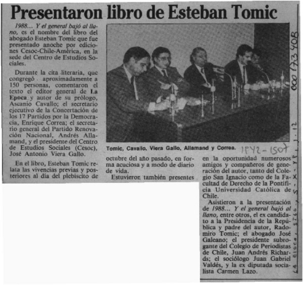 Presentaron libro de Esteban Tomic  [artículo].
