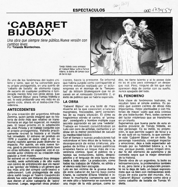 'Cabaret Bijoux'  [artículo] Yolanda Montecinos.