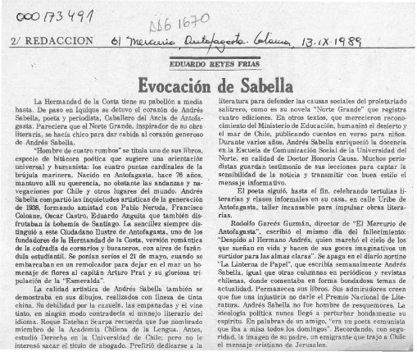 Evocación de Sabella  [artículo] Eduardo Reyes Frías.