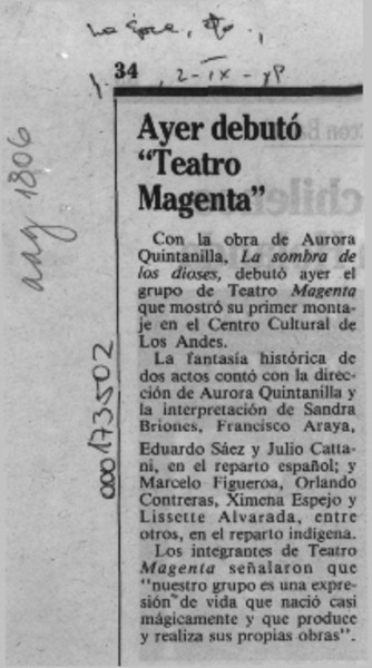 Ayer debutó "Teatro Magenta"  [artículo].