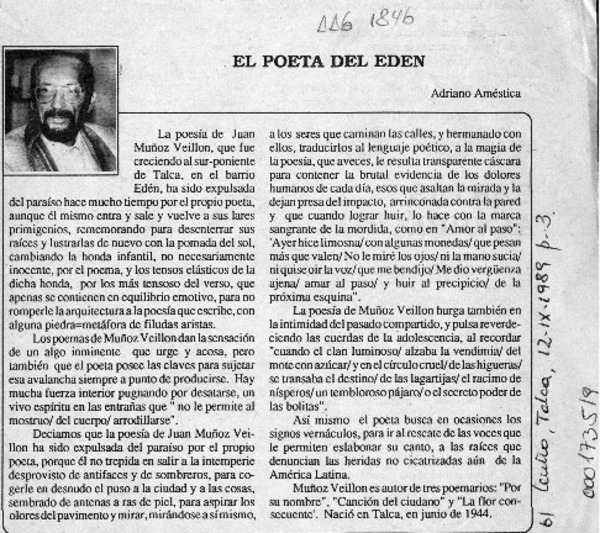 El poeta del Edén  [artículo] Adriano Améstica.