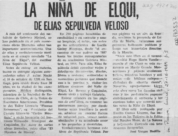 La niña de Elqui  [artículo] José Vargas Badilla.