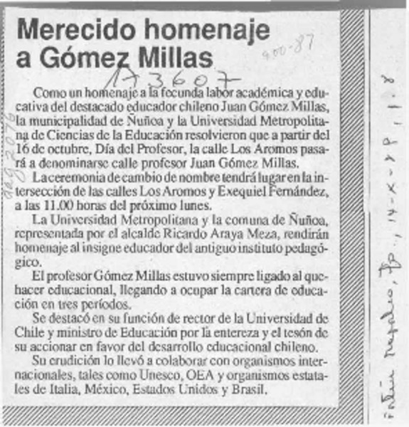 Merecido homenaje a Gómez Millas  [artículo].