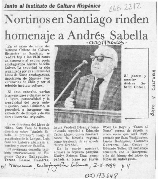 Nortinos en Santiago rinden homenaje a Andrés Sabella  [artículo].