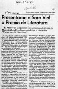 Presentaron a Sara Vial a Premio de Literatura  [artículo].
