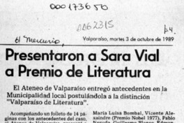 Presentaron a Sara Vial a Premio de Literatura  [artículo].
