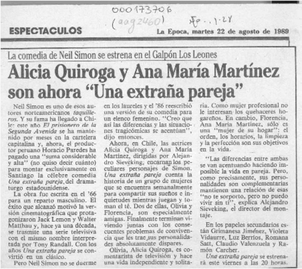 Alicia Quiroga y Ana María Martínez son ahora "Una extraña pareja"  [artículo].