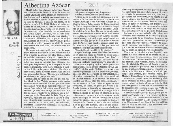 Albertina Azócar  [artículo] Jorge Edwards.