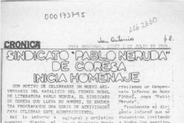 Sindicato "Pablo Neruda" de Coresa inicia homenaje  [artículo].