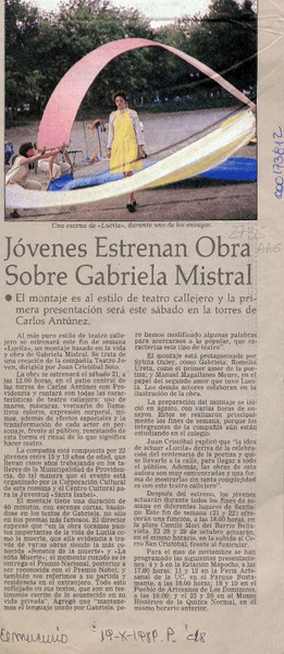 Jóvenes estrenan obra sobre Gabriela Mistral  [artículo].