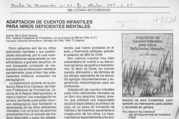 Adaptación de cuentos infantiles para niños deficientes mentales  [artículo] Gerardo Ruiz Betancur.