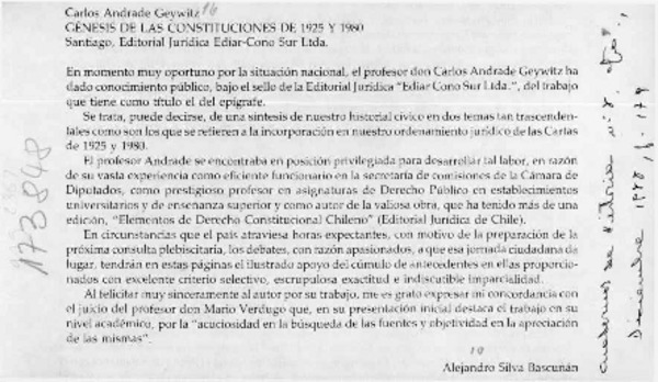 Génesis de las Constituciones de 1925 y 1980  [artículo] Alejandro Silva Bascuñán.