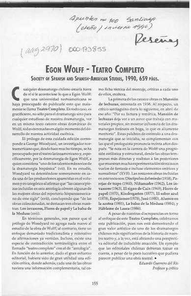 Egon Wolff "Teatro completo"  [artículo] Eduardo Guerrero del Río.