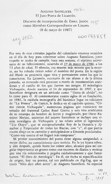 Augusto Santelices, el juez-poeta de Licantén  [artículo] Emma Jauch.