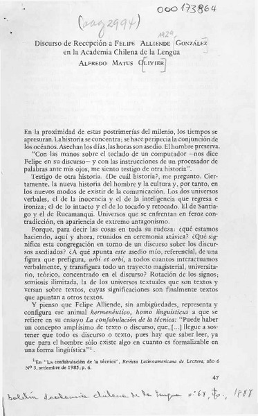 Discurso de recepción a Felipe Alliende González en la Academia Chilena de la Lengua  [artículo] Alfredo Matus Olivier.