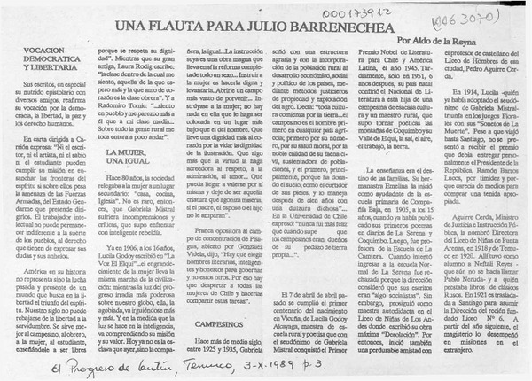 Una flauta para Julio Barrenechea  [artículo] Aldo de la Reyna.