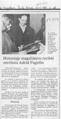 Homenaje magallánico recibió escritora Astrid Fugellie  [artículo].