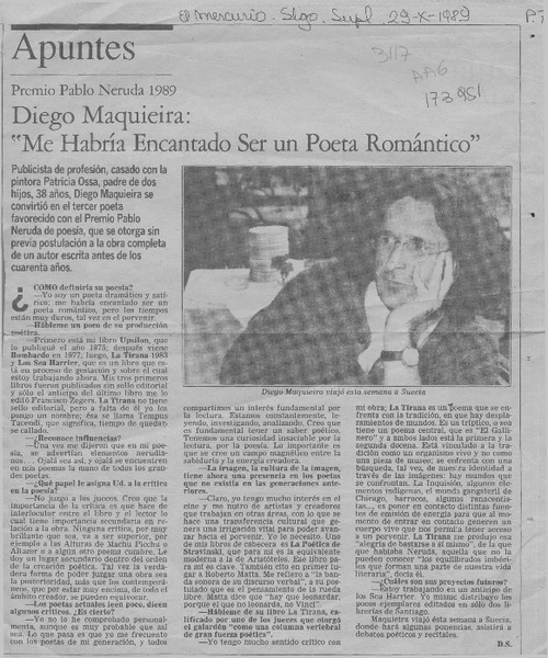 Diego Maquieira, "Me habría encantado ser un poeta romántico"  [artículo] D. S.