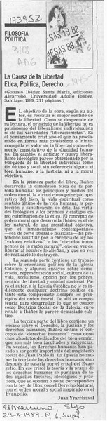 La causa de la libertad, ética, política, derecho  [artículo] Juan Yrarrázaval.