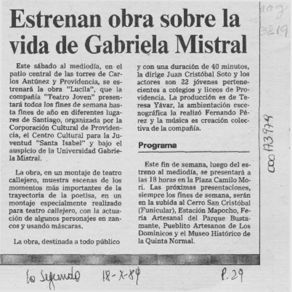 Estrenan obra sobre la vida de Gabriela Mistral  [artículo].