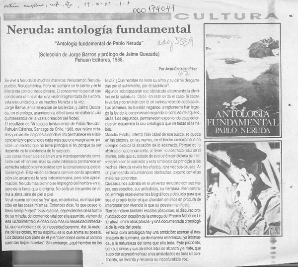 Neruda, "Antología fundamental"  [artículo] José-Christian Páez.