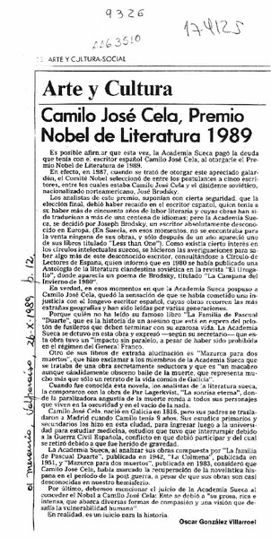Camilo José Cela, Premio Nobel de Literatura 1989  [artículo] Oscar González Villarroel.