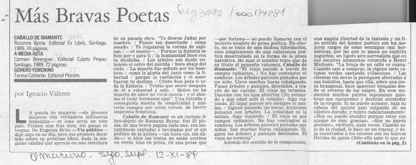Más bravas poetas  [artículo] Ignacio Valente.