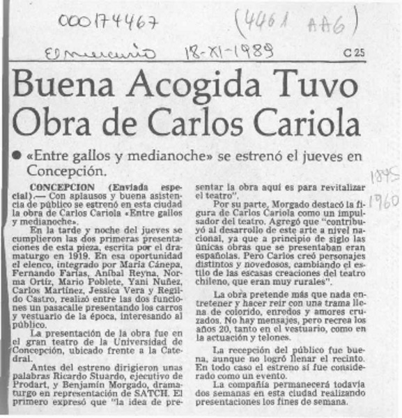 Buena acogida tuvo obra de Carlos Cariola  [artículo].