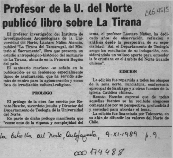 Profesor de la U. del Norte publicó libro sobre La Tirana  [artículo].