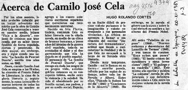 Acerca de Camilo José Cela  [artículo] Hugo Rolando Cortés.