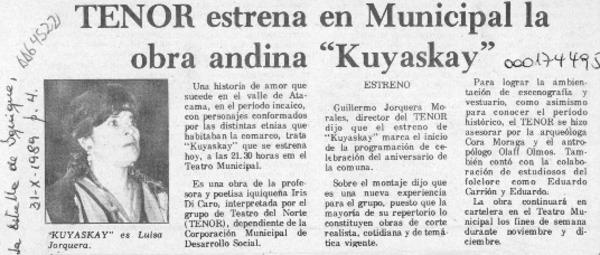 TENOR estrena en Municipal la obra andina "Kuyaskay"  [artículo].