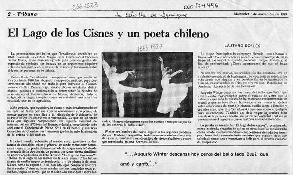 El Lago de los Cisnes y un poeta chileno  [artículo] Lautaro Robles.
