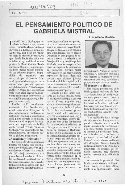 El pensamiento político de Gabriela Mistral  [artículo] Luis Alberto Mansilla.