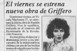 El Viernes se estrena nueva obra de Griffero  [artículo].