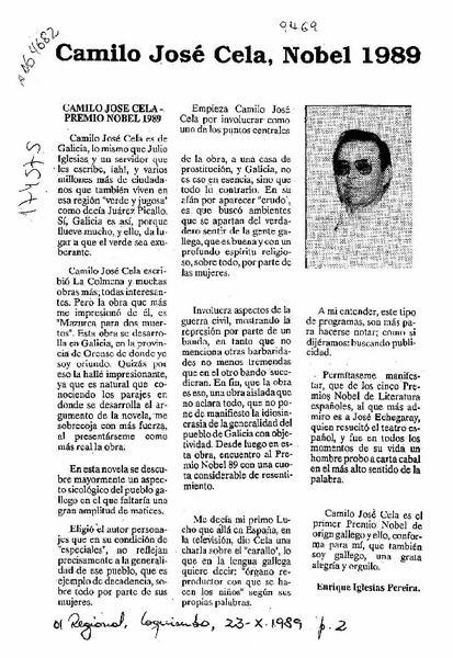 Camilo José Cela, Nobel 1989  [artículo] Enrique Iglesias Pereira.