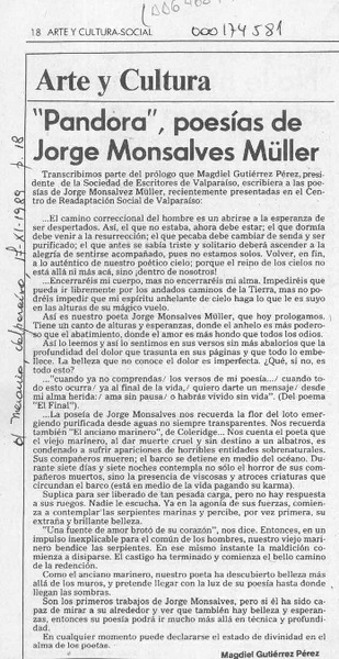 "Pandora", poesías de Jorge Monsalves Müller  [artículo] Magdiel Gutiérrez Pérez.
