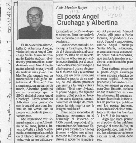 El poeta Angel Cruchaga y Albertina  [artículo] Luis Merino Reyes.